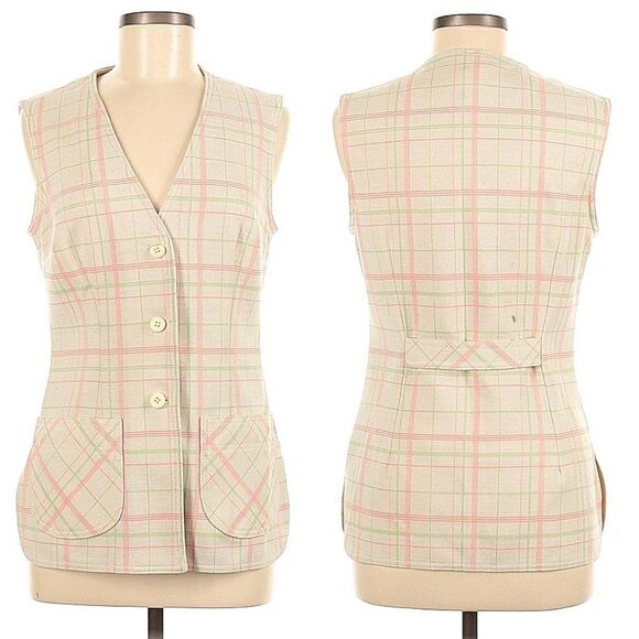 Vintage 1960s Jantzen Vest Pink Plaid Knit 1960 Mod Preppy Pastel Size 12 - Picture 2 of 12